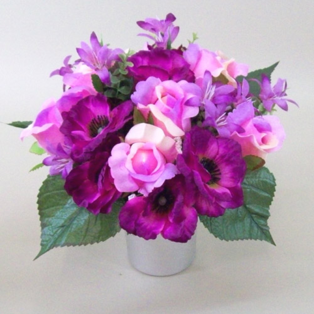Silk Flowers Filled Grave Pot Pink Roses and Magenta Anemones